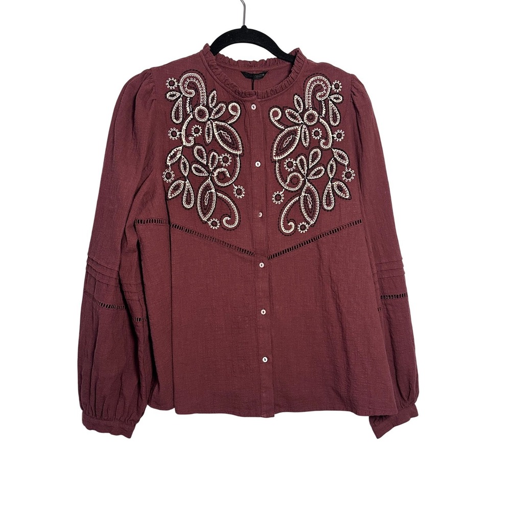Zara Burgundy Embroidered Cotton Blouse Ruffle Neck Boho Top L‎ 7200/228/681